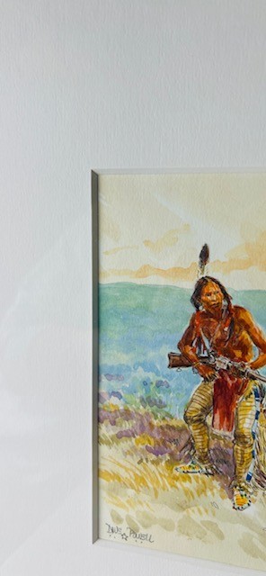 David Powell (1954-) Watercolor of Lakota Warrior Framed & Signed! gallery