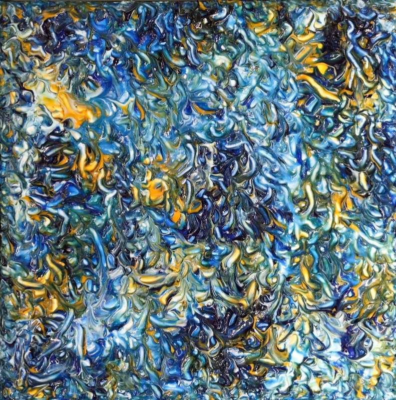 «Blue Bayou» Textured abstract art original. Blue and golden yellow. 12×12.