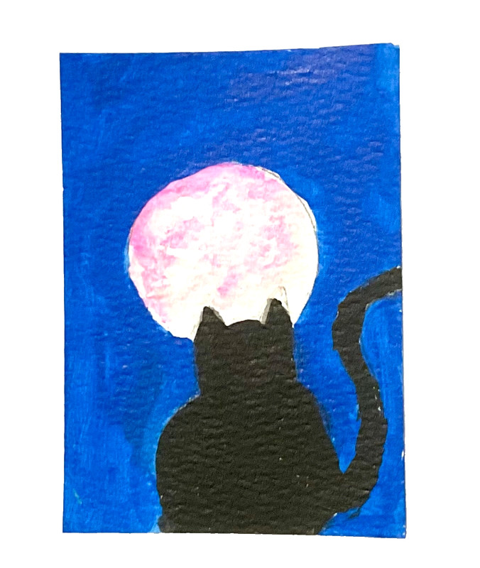 ACEO Original cat and pink moon Signed OOAK