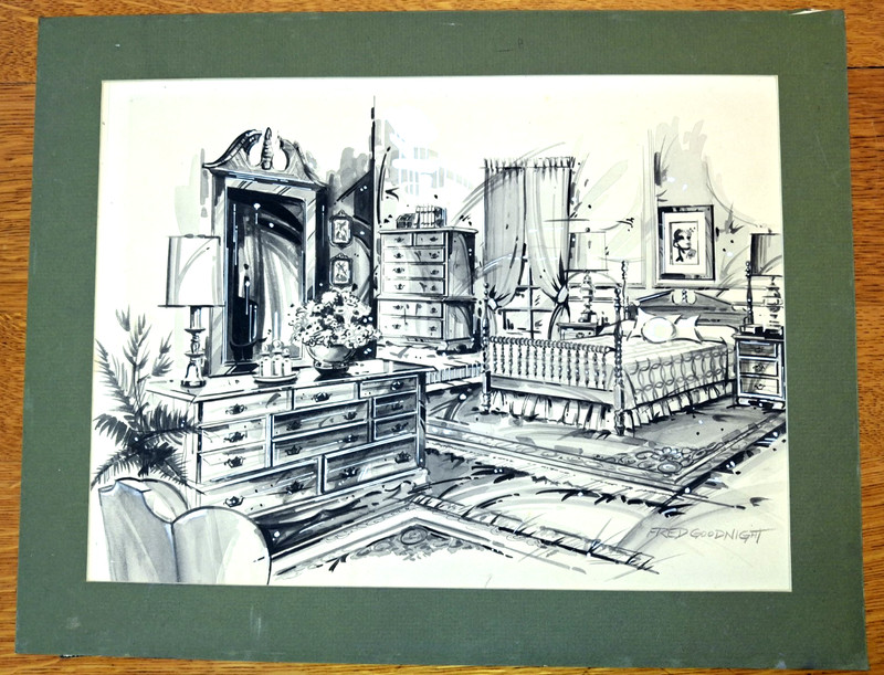Original Illustration Art Ink Painting of Bedroom Set Furniture 15″ x 11″ Signed