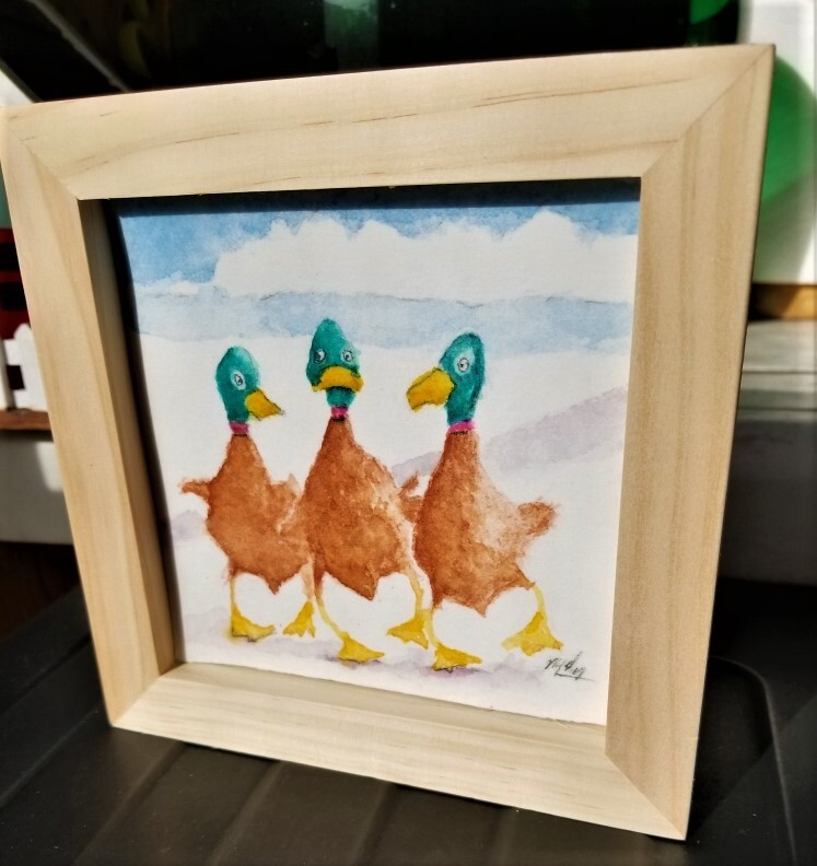 watercolor artwork ORIGINAL "Ducks in a Row" with natural spruce frame gallery