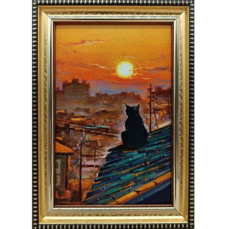 Black Cat Original Oil Painting 4×6 Framed Signed City Sunset Roof Landscape Art