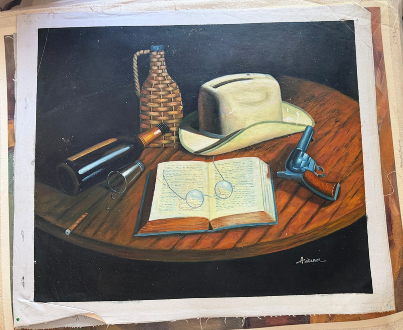 Vintage Western Still Life Revolver Hat Book Decorative Painting Print Large Art