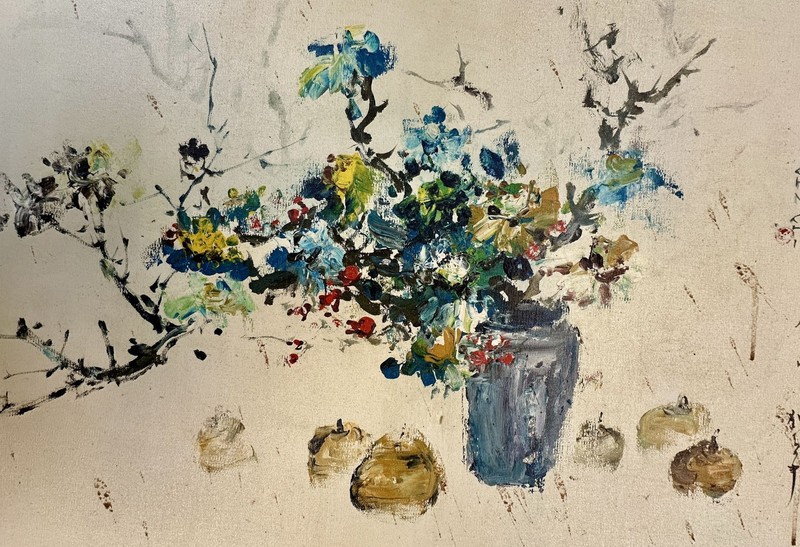 John Chi / ORIGINAL ACRYLIC STILL LIFE WITH BLOSSOMS AND PERSIMMONS [Signed] gallery