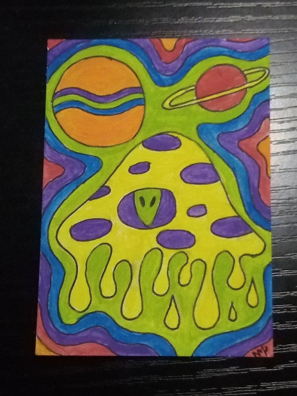 ACEO – Trippy Mushroom Alien UFO Painting – Rainbow Psychedelic – ATC