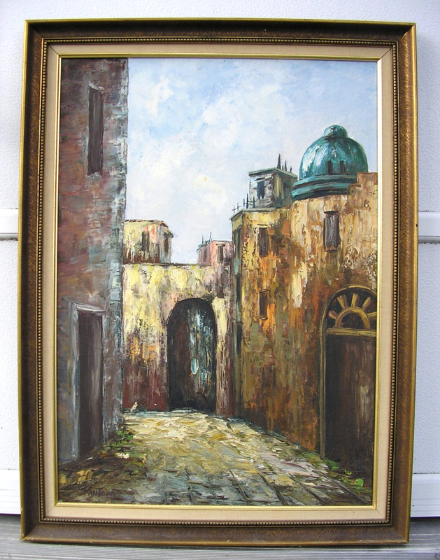 Original Oil Painting Art Orientalist Street Scene Cityscape Signed Illegible