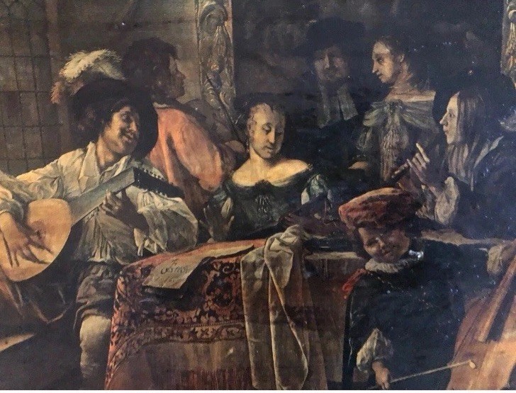 «Family Concert» very old signed oil painting laid on wood Jan Steen circle
