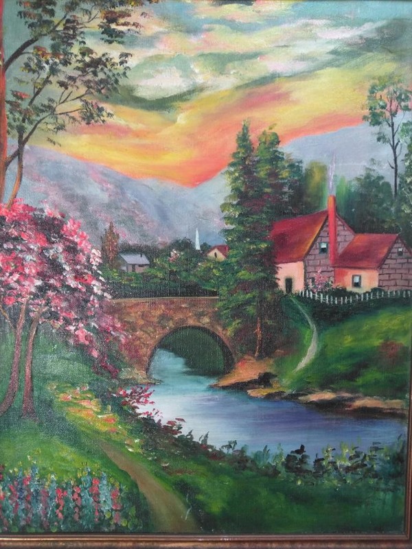 Antique Old Art House Sunset Trees American Americana Landscape Oil Painting