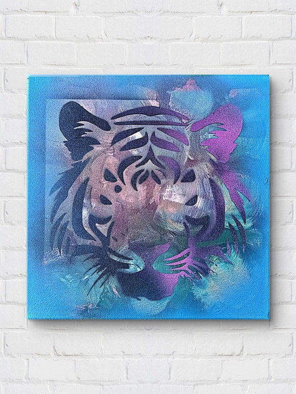Original Tiger Painting 12×12 Acrylic Canvas Blue Pink Purple Signed