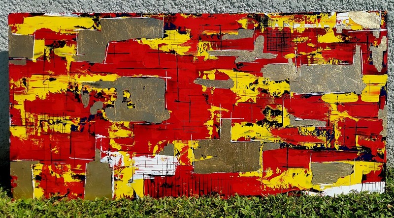 Huge MCM Style Abstract Painting, Red Yellow Gold 48″ x 24″ OOAK Original