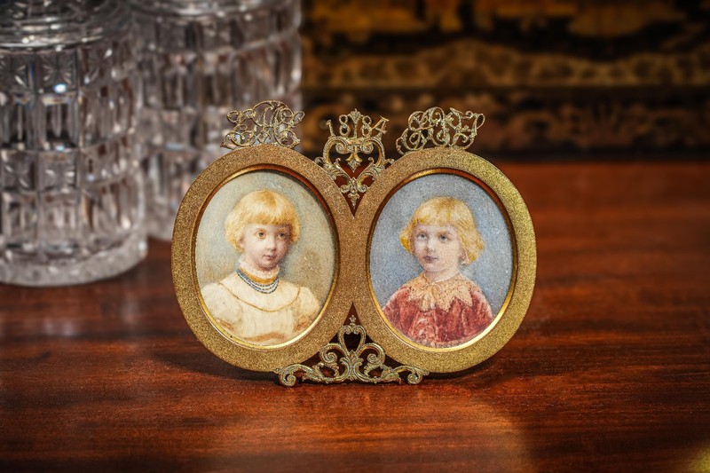 Amazing Portrait Miniature Painting Brass Frame Antique Victorian Boy and Girl gallery