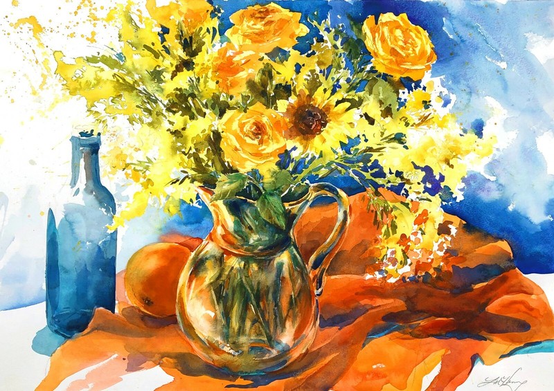 Pretty SPRING FLOWERS Linda Henry ORIGINAL WATERCOLOR FLORAL STILL LIFE 18″x26″