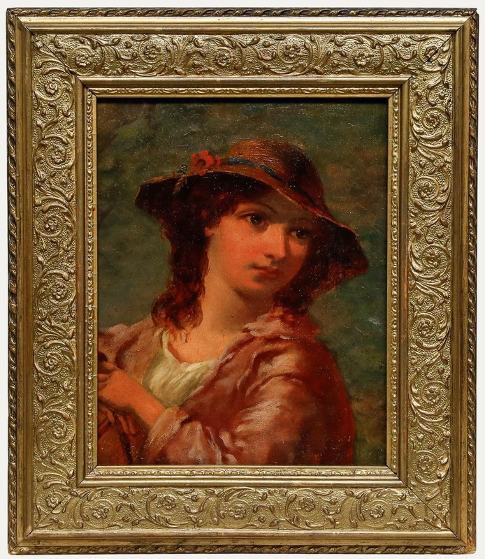 James John Hill – Framed Mid 19th Century Oil, Lady in a Straw Hat