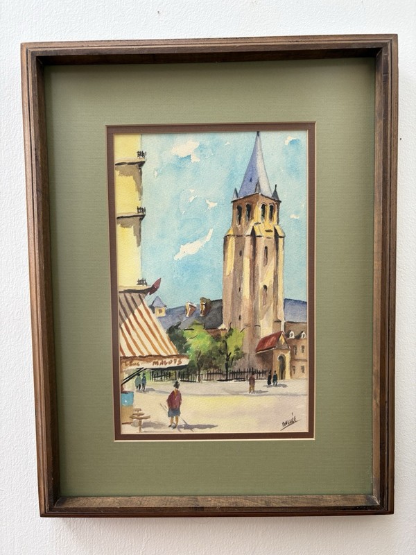 Vintage Original Framed Matted Watercolor on Paper Parisian Street Scene Dalleé