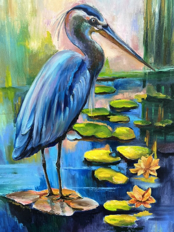 Original painting oil, 20x30 inch, Heron with Lilies, Wall Art Decor, Home Gift gallery