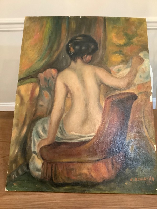 Vintage Signed Portrait Painting Woman After the Bath in Chair As Is 18×24