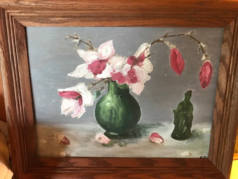 12×16 O/B Jade Figure & Magnolias In Green Pot Signed On Reverse 15×19 frame