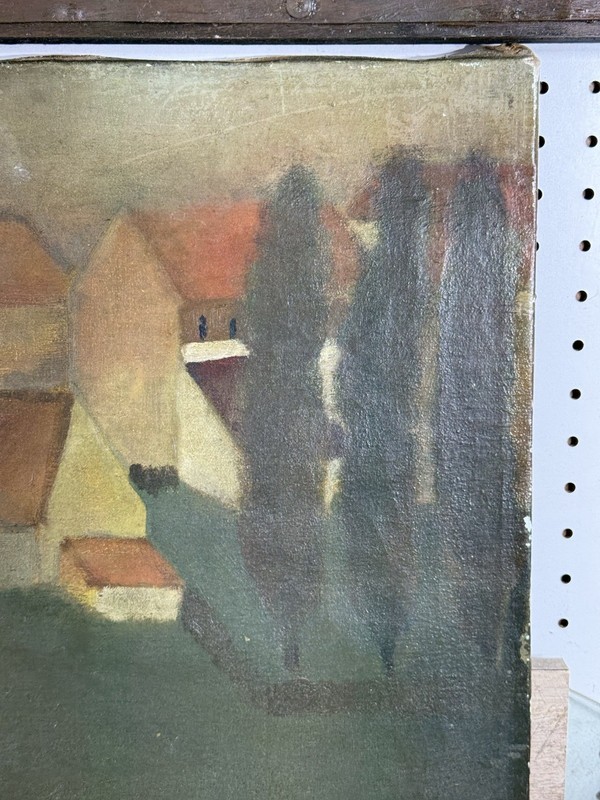 1940’s European Modernist Oil On Linen Canvas Girl Portrait Village Scene Signed gallery