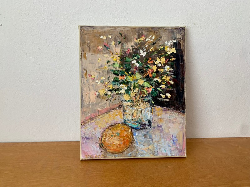 Still Life with Flowers and Orange Oil Painting on Canvas Summer Flowers Painting