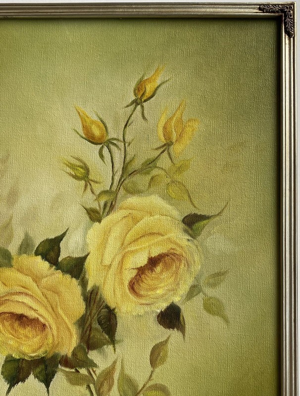 Elsie Baker VTG 70s Yellow Rose Flower Botanic Still Life Impressionism Painting gallery