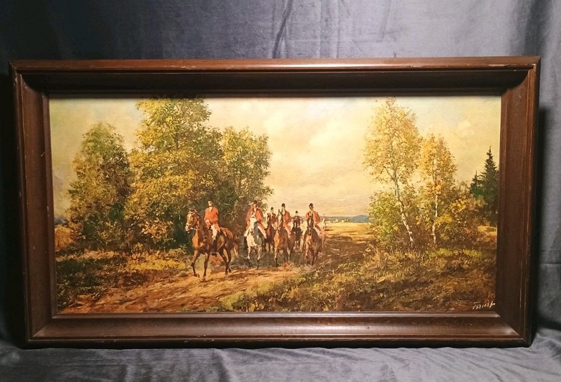 Heinrich Faust Fox Hunting Giclee Print Board 19 X 34″ Distressed Walnut Frame