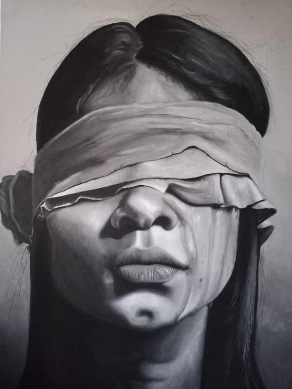 Original Oil Painting Large Hyperrealism Blindfolded Woman 30×40″ B&W