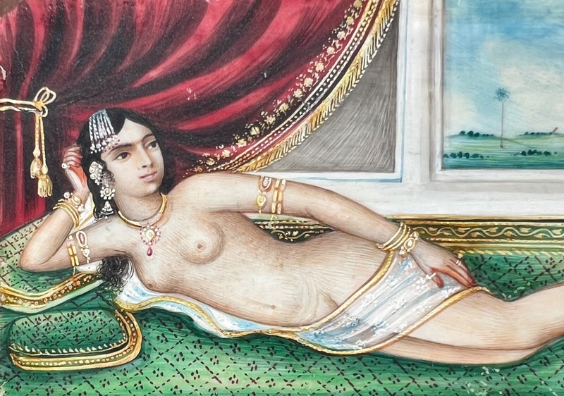 Superb, Late 18th c. Miniature Mughal Style Painting of a Reclining Odalisque gallery
