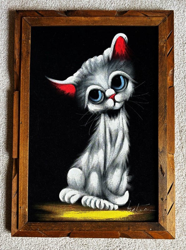 VINTAGE ORIGINAL PAINTING OF CAT ON VELVET CANVAS SIGNED CARVED WOOD FRAME