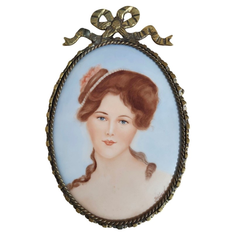 Antique 1900s Hand-Painted Porcelain Portrait Plaque Signed Hubbard Brass Frame