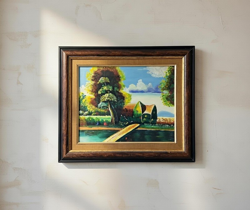Vintage Mid-Century Landscape Oil Painting Signed Fredy – Framed 18.5×22″