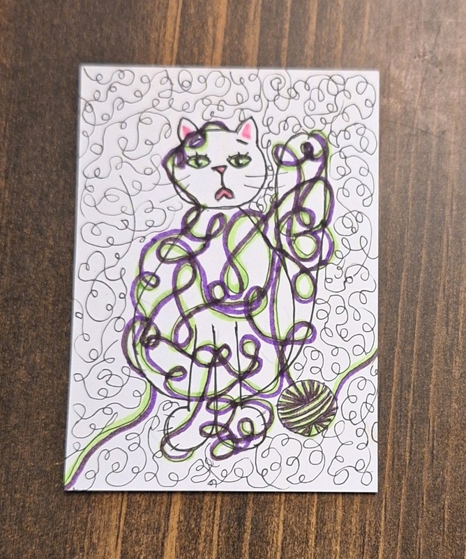 ACEO Original Tangled Kitty Cat Cartoon Watercolor Painting