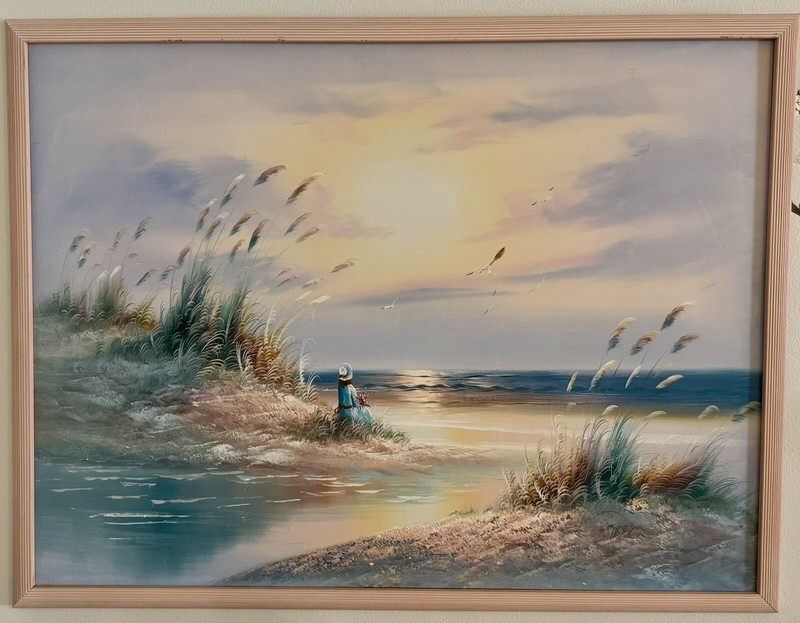 RARE VTG Oil Painting Original Artist TAYLOR Signed Realism Ocean Girl on Beach!