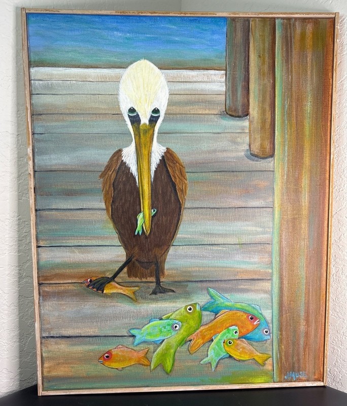 Nauti Pelican Acrylic Painting: Whimsical Nautical Art, Framed Canvas 20″ x 16″