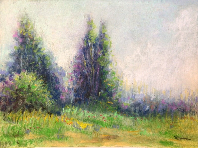 Original Pastel Painting, 9×12 Inches, Trees And Summer Grass