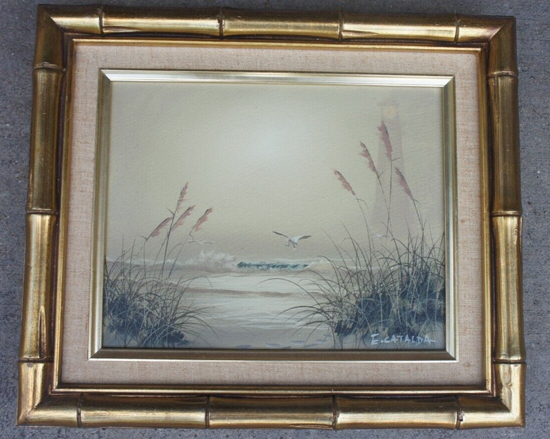 signed E. CATALDA Original Oil Painting Canvas 8×10 faux bamboo frame seaside