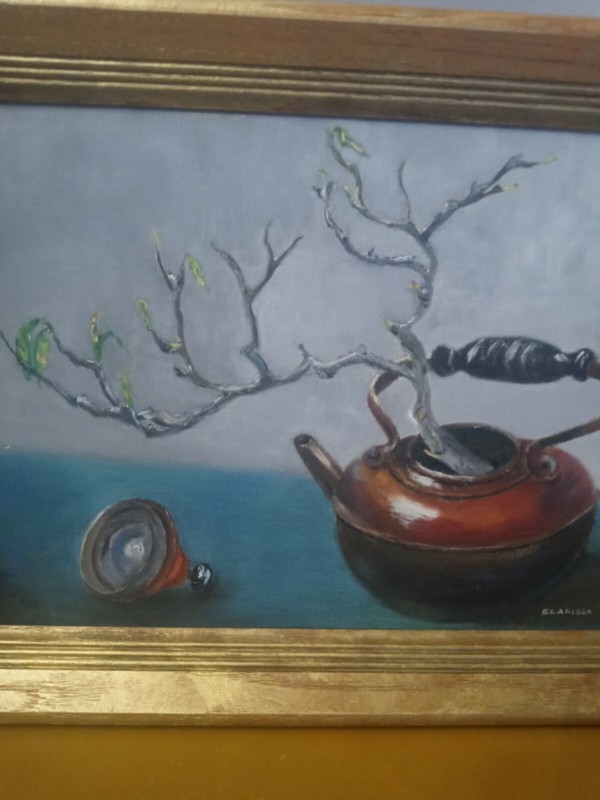 1960’s Oil Painting On Canvas Signed Clarissa K Smith. Wood Frame. Tea Pot Plant