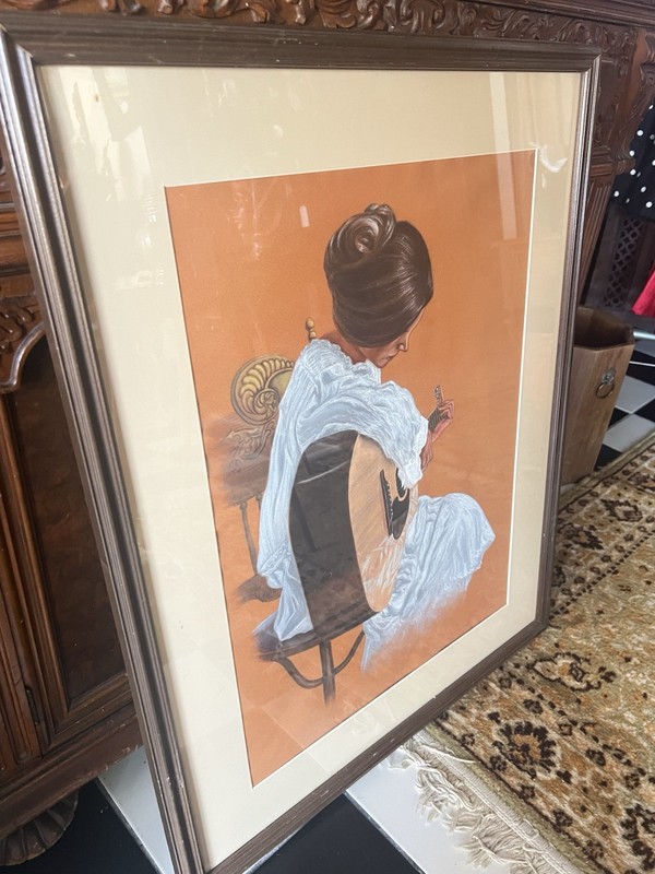 Original Acrylic Artwork Woman Playing Guitar G. Smith 1995 Hispanic Orange gallery