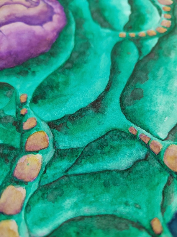 Original Abstract Cosmic Watercolor – Purple Core, Green Energy, 9.8x9.8 in gallery