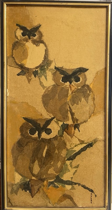 ORIGINAL ARTIST MCM 20 CENTURY – THE PARLIAMENT – OWLS MIXED MEDIA SIGNED AYERS