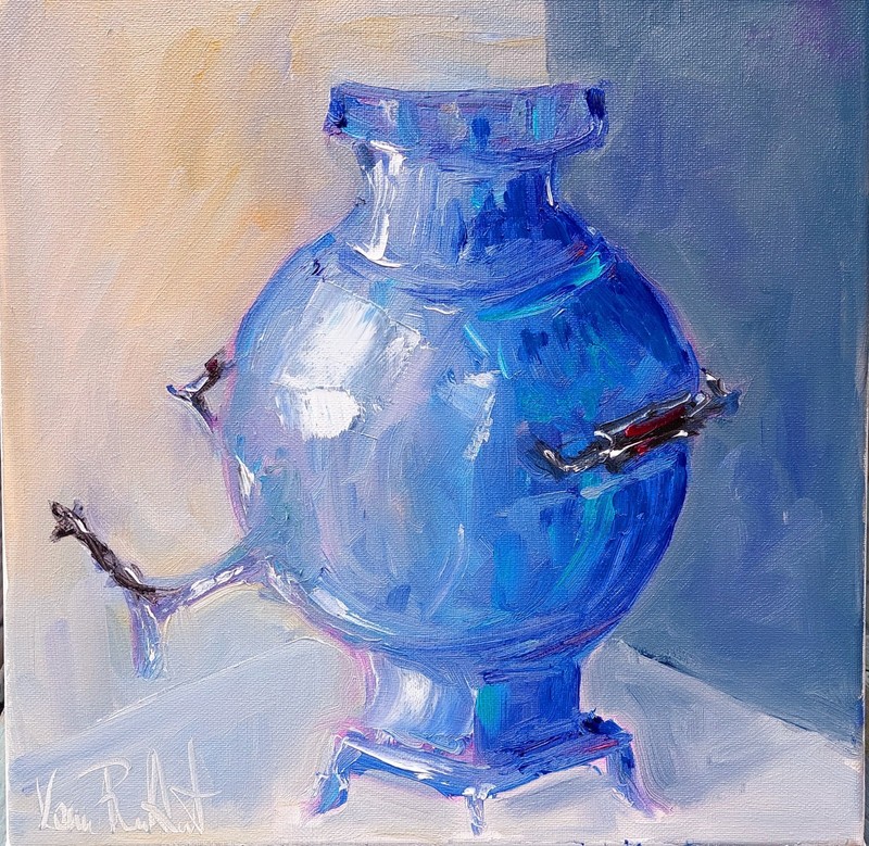 Oil original still life painting on canvas size 12×12 inches Samovar