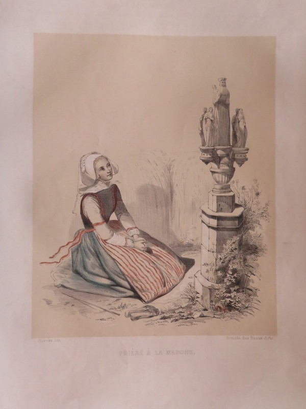 BEAUTIFUL ORIGINAL LITHO PORTRAIT MADONE FEMME COSTUME PRAYER RELIGION 1850