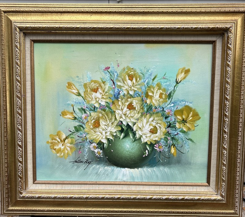 Vintage Framed Original Still Life Flower Painting By Hellen Post 16×20” MCM