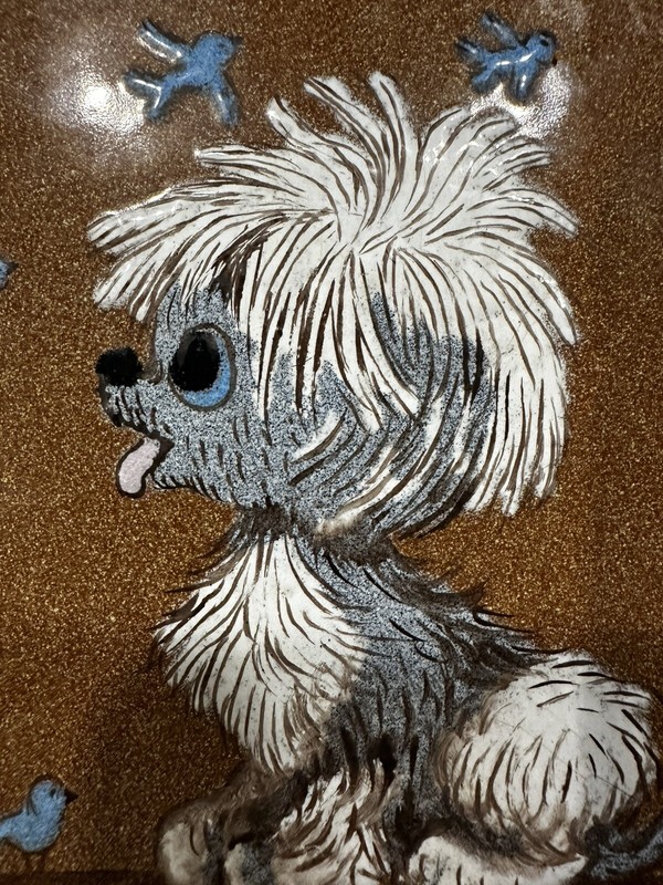 DIANE MINGOLLA SIGNED Puppy Profile With Bluebirds ENAMEL ON COPPER PAINTING gallery