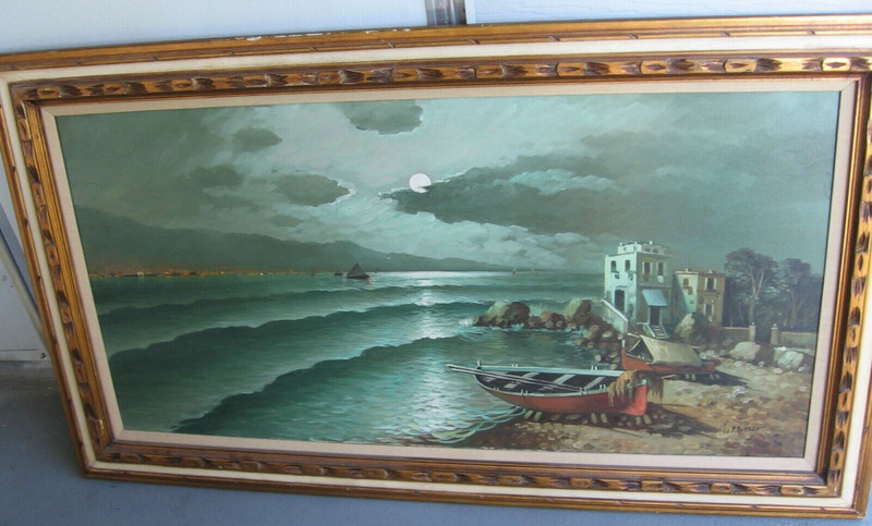 Italian Seascape Moonlight Harborview Oil Painting 48″ by Torniello, NO FRAMING