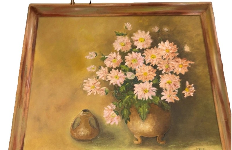 Vintage Floral Still Life Oil Painting Signed Buchanan Pink Chrysanthemums-canva gallery