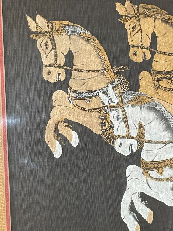 3 CHINESE ASIAN CAROUSEL STYLE HORSES HAND PAINTED ON SATIN SILK CLOTH FRAMED gallery
