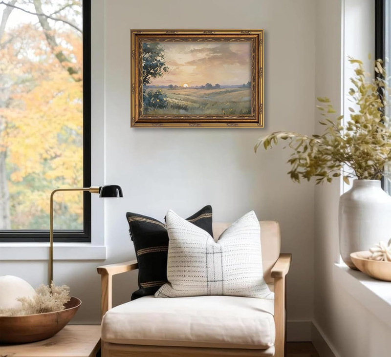 Vintage Gold Framed Wall Art Retro Fall Sunset Country Oil Painting Canvas Print gallery