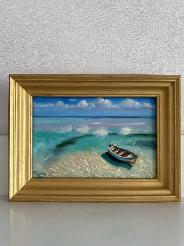 original oil painting Seascape 20x30cm Turquoise Water Wall Art Gift Boat gallery