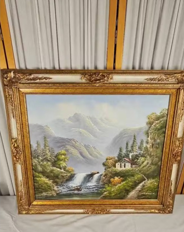 Oil Painting Sign R. Boren “Cabin In the Mountains by A Waterfall» Framed 24×20