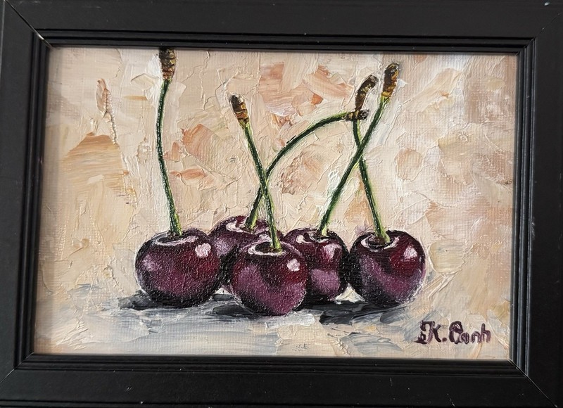 ORIGINAL OIL PAINTING STILL LIFE CHERRIES FRUIT SIGNED FRAMED 4×6